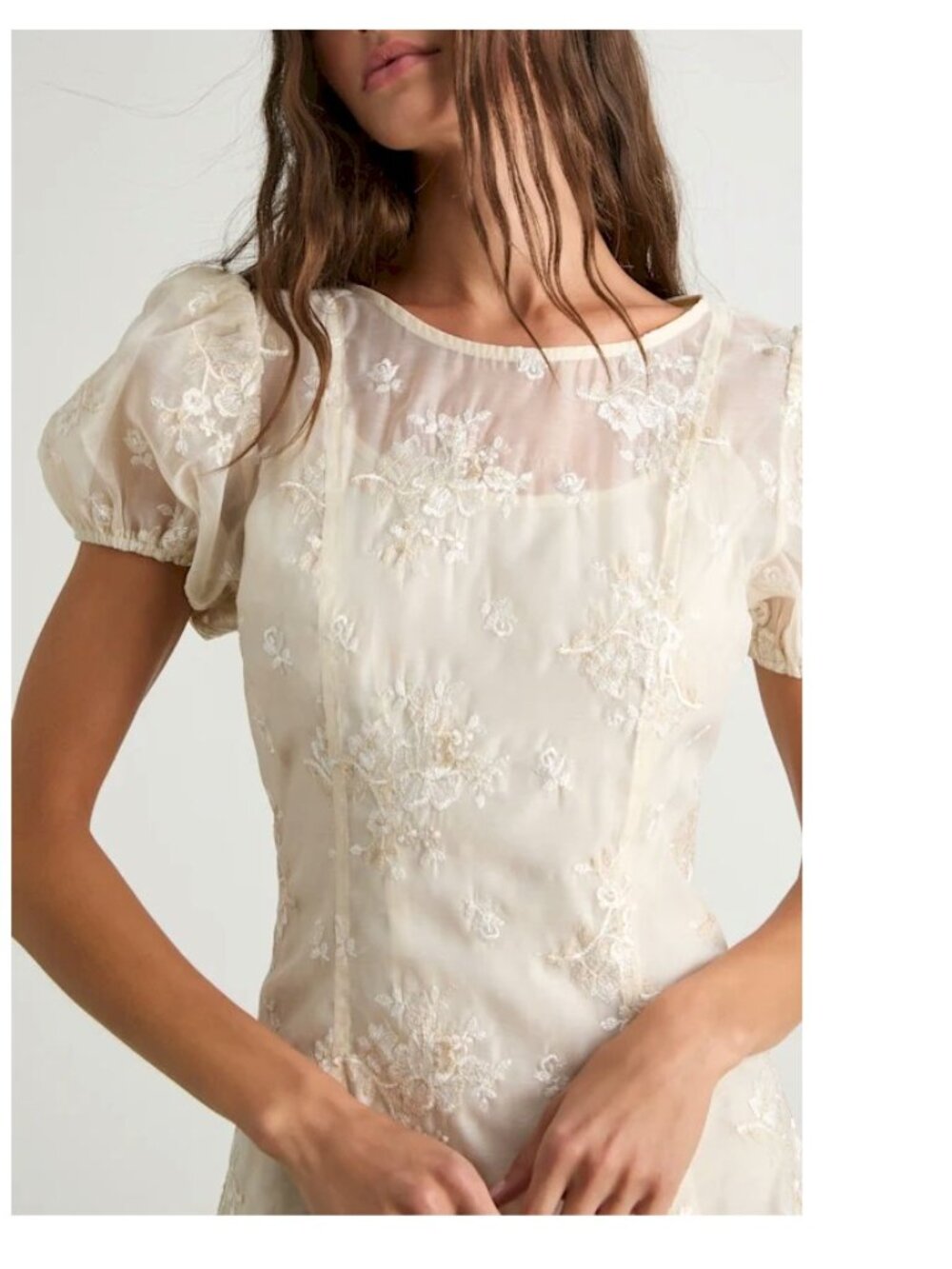 Lulus Elfrieda Cream Floral Embroidered Puff Sleeve Midi Dress Medium New NWT - Picture 2 of 10